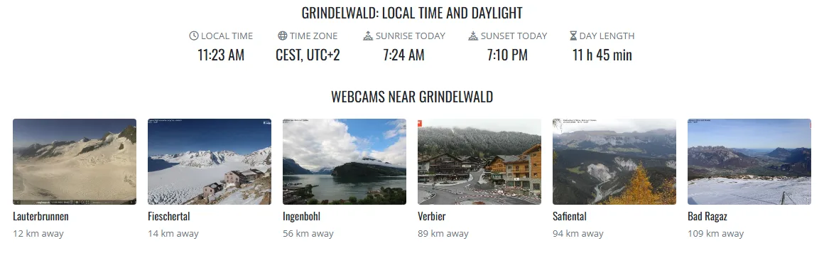 Local time, sunrise and sunset in Grindelwald, and six webcams nearby