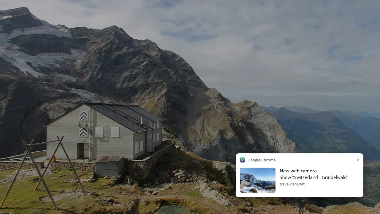 A notification from the extension: New web camera — Show "Switzerland - Grindelwald"