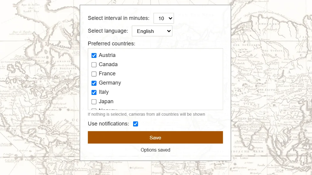The extension's settings: interval, language, preferred countries, notifications